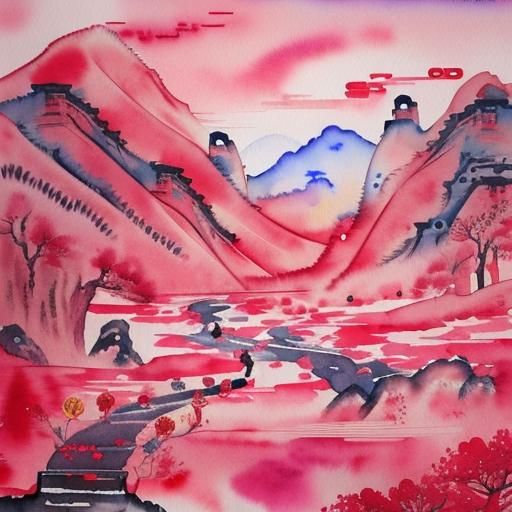 Lunar New Year Watercolor Landscape in Abstract Zen Style