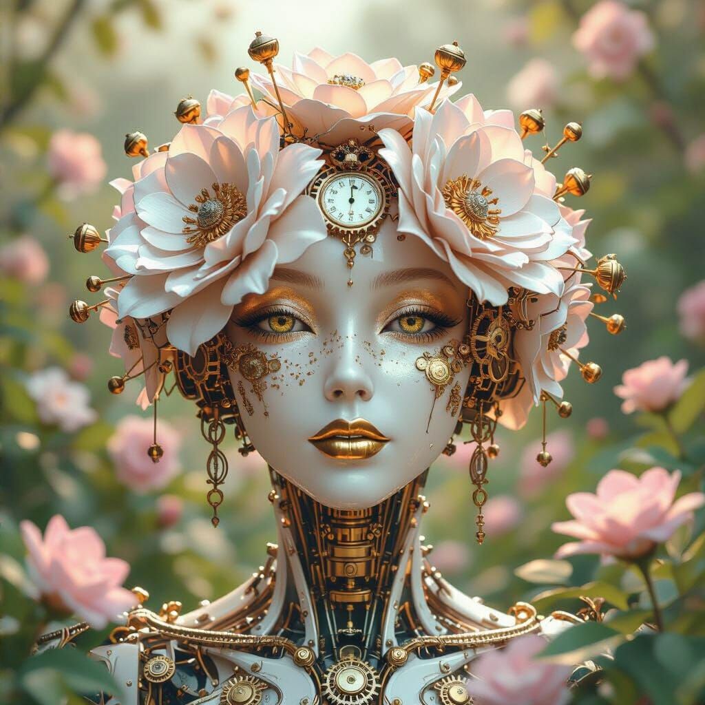 Mechanical Floral Porcelain Faces in Lush Garden