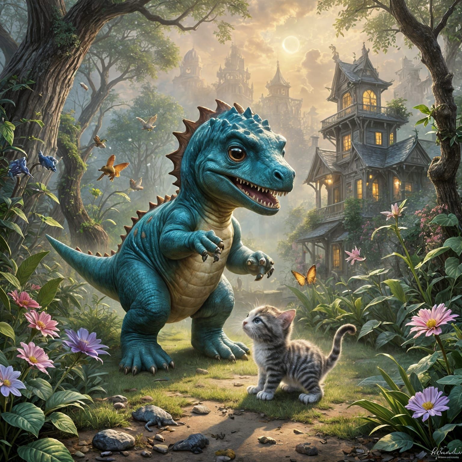Fanciful Dinosaur Playtime in Whimsical Shaded Scene