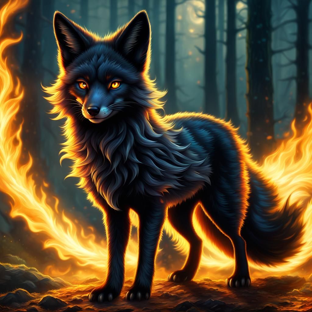 Stunning Black Fox Dragon Hybrid with Gold Flames