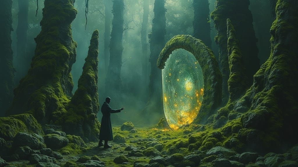 Ethereal Forest: Glowing Stone in Dark Oil Paint