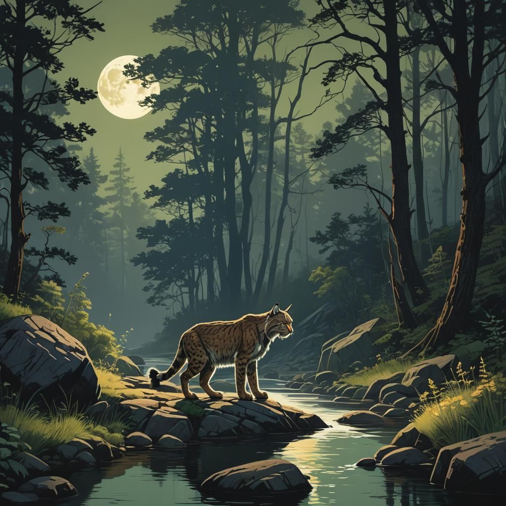 Lynx Hunting Under Moonlight in Ancient Forest