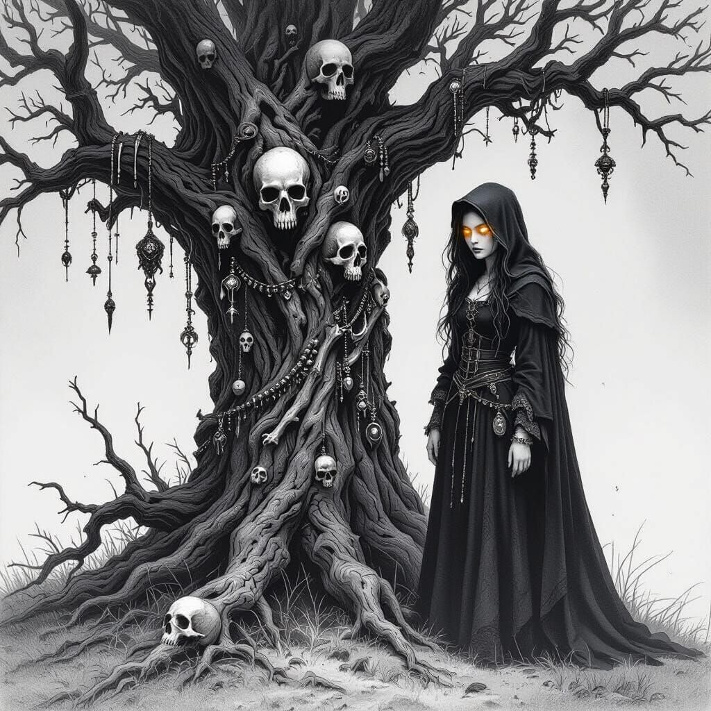 Medieval Witch with Glowing Eyes Beside Bone-Adorned Tree
