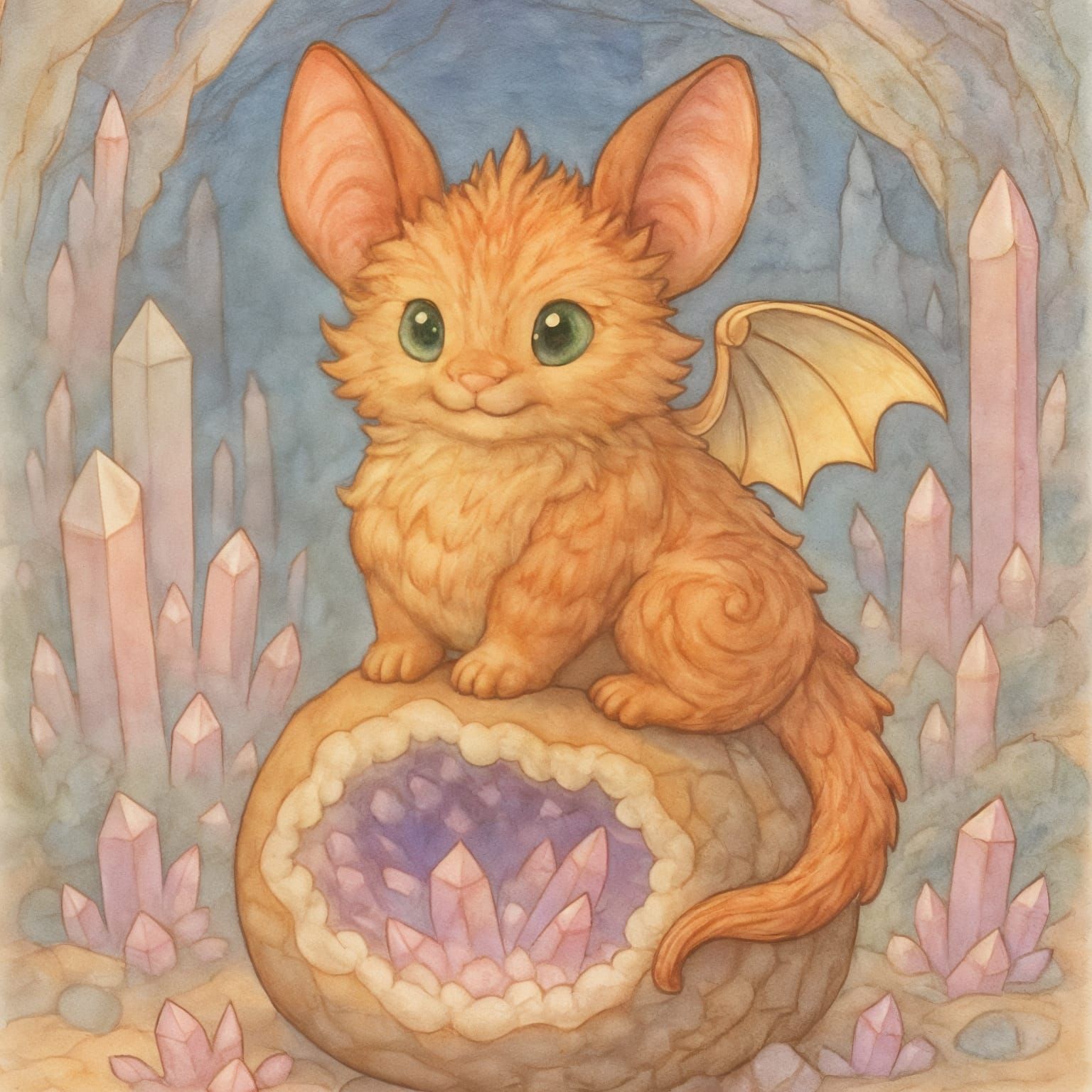 Fluffy Dragon on Geode, Whimsical Pastel Art