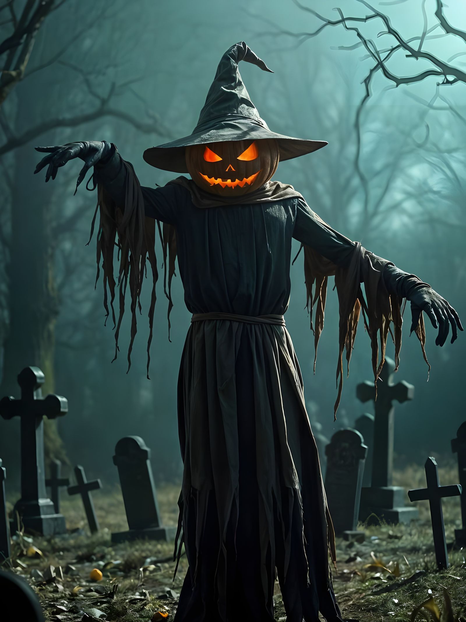 Halloween Scarecrow with Pumpkin Head in Graveyard