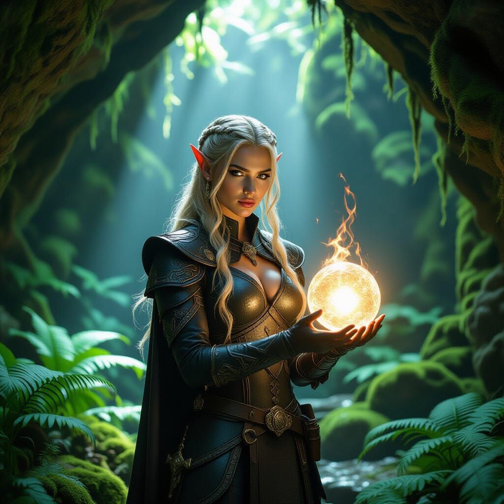 Elven Warrior Princess in Mystical Grotto, Cinematic Photogr...
