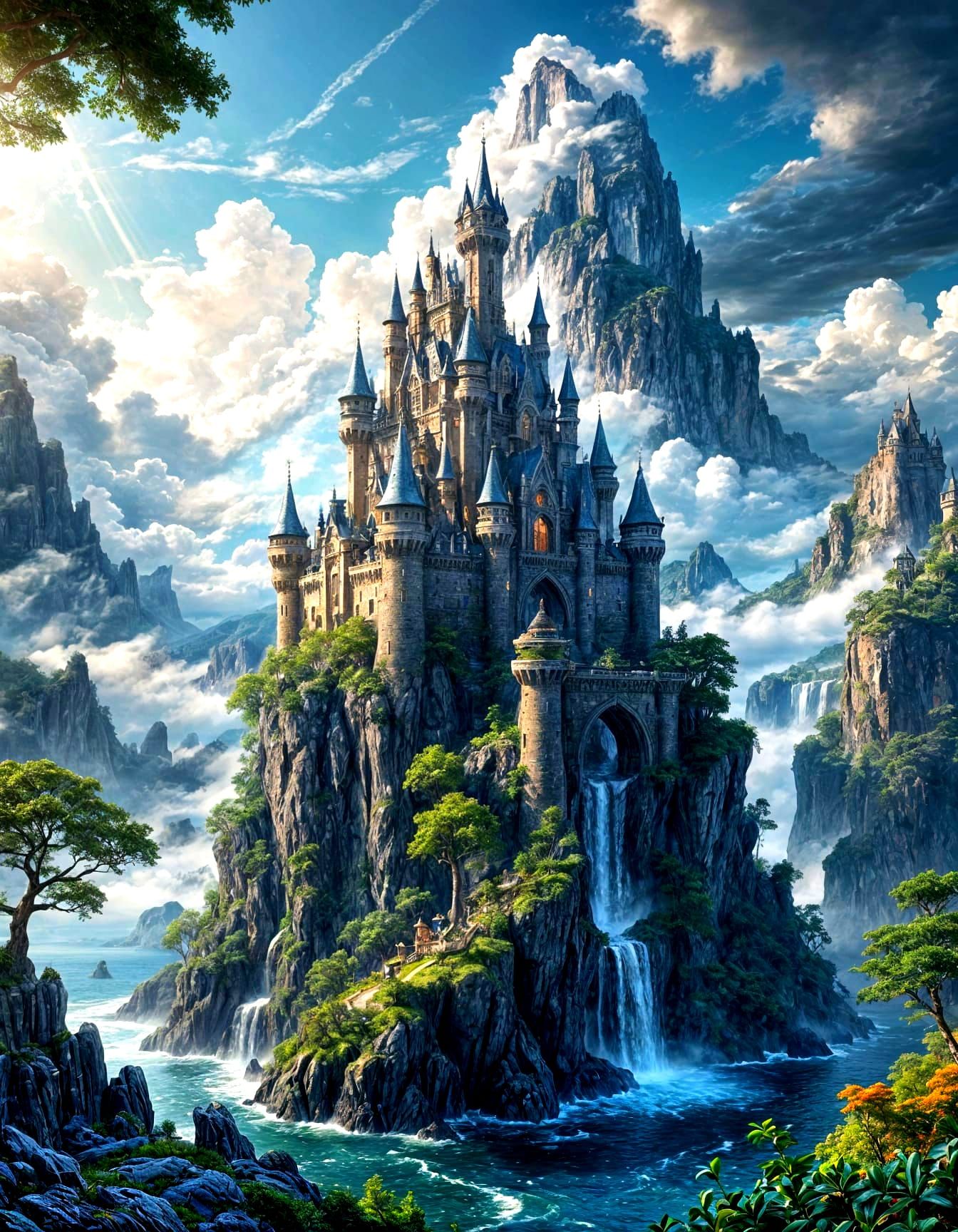 Majestic Castle on Floating Island Above Cloud Sea