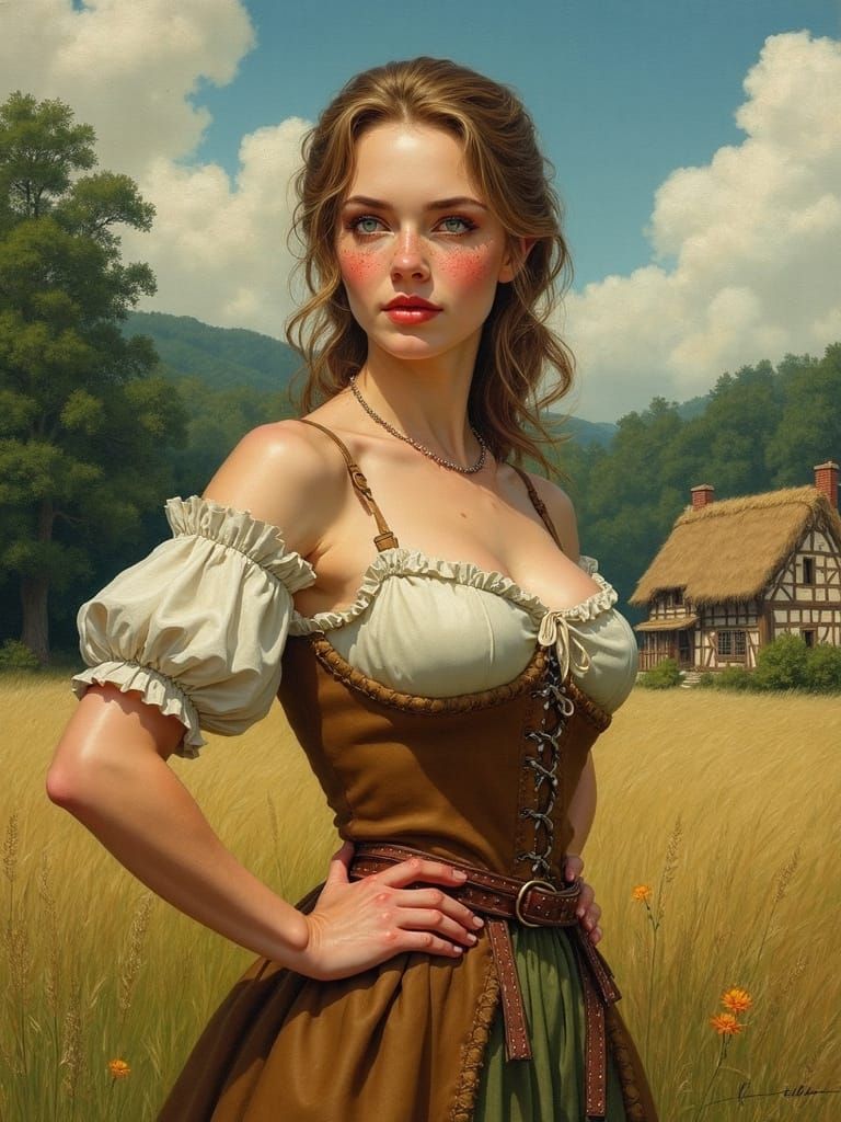 Medieval Maiden in a Thatched Farmhouse Setting