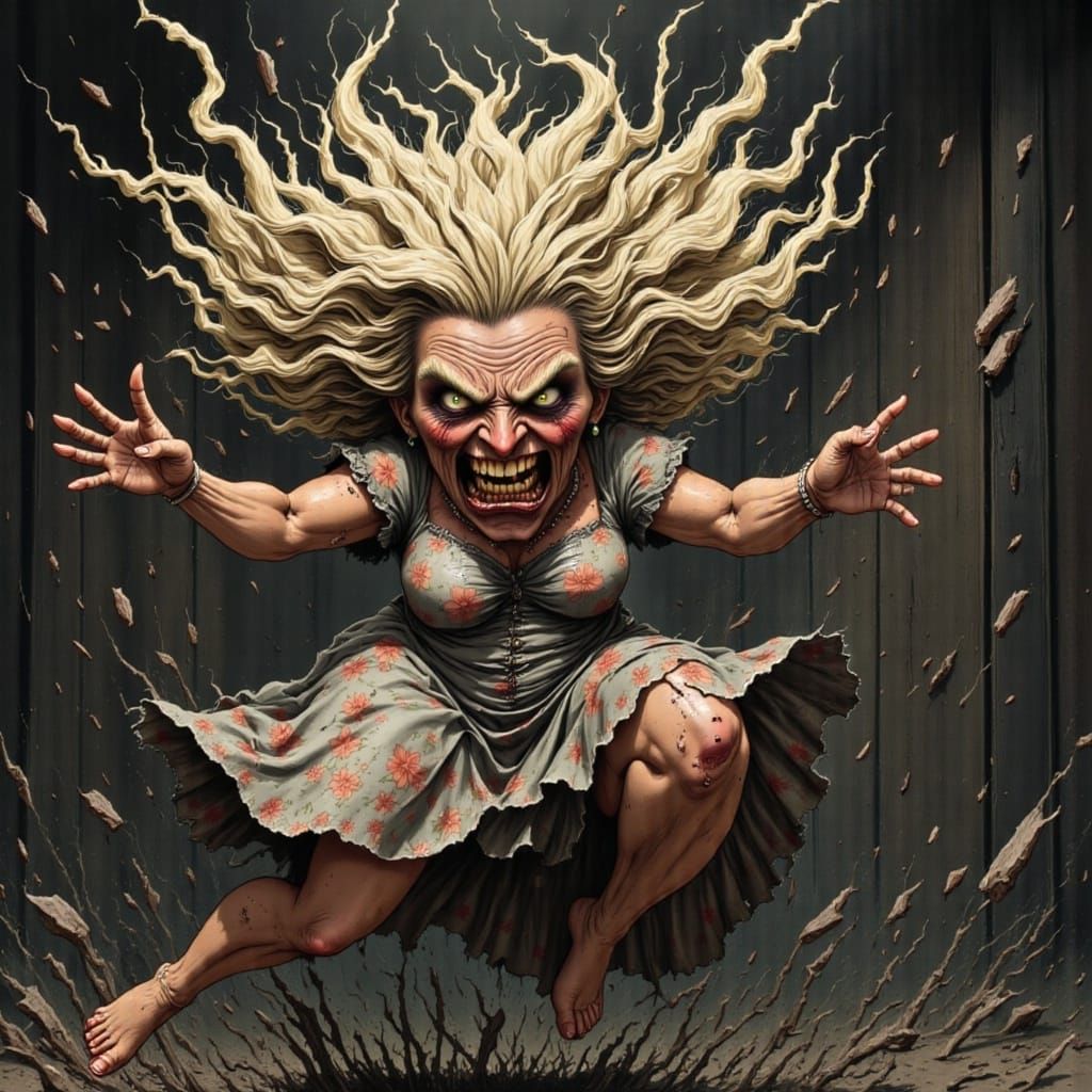 Surreal Horror Goddess in Tattered Tinkerbell Costume