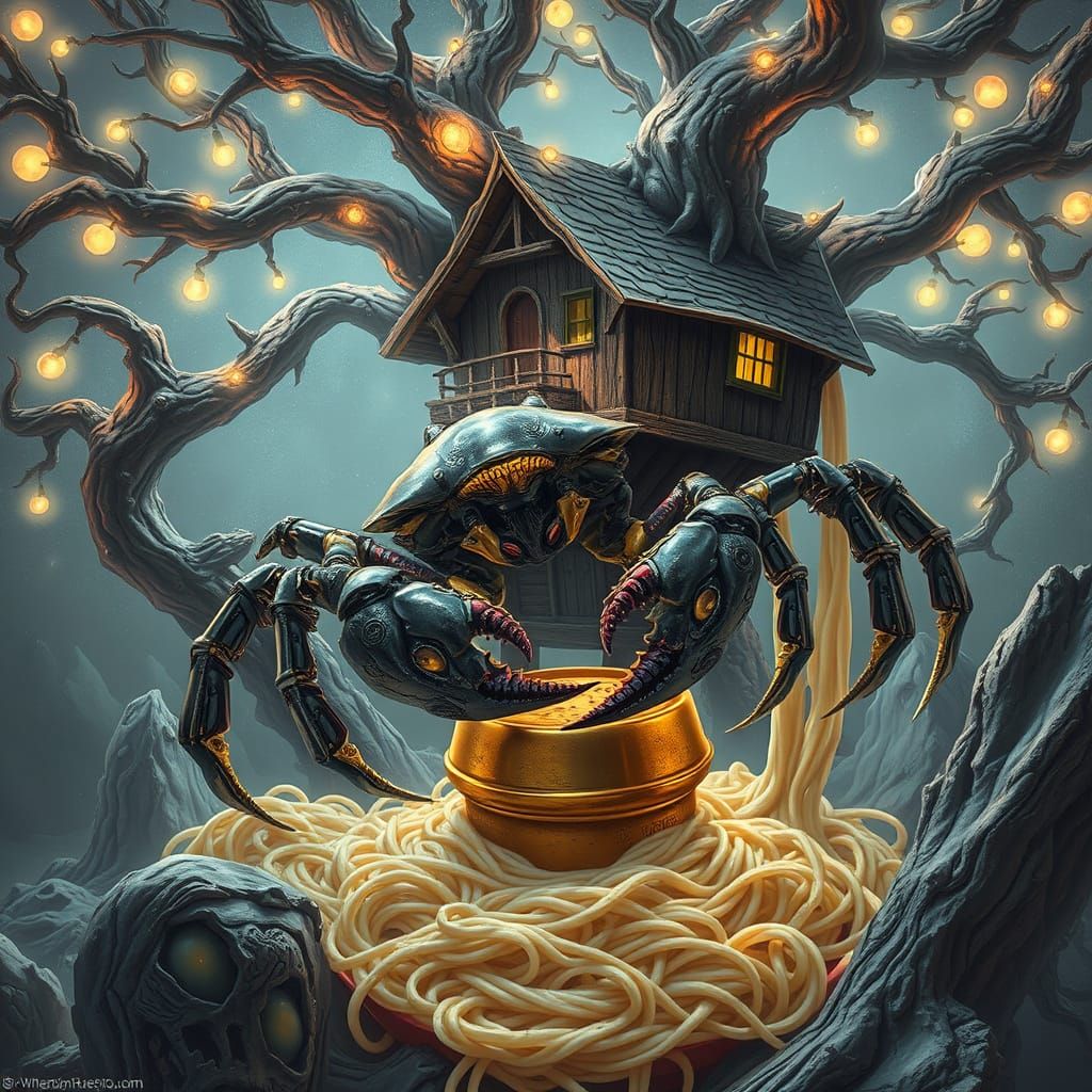 Giger-Inspired Crab Monster Occupies Whimsical Tree House Am...