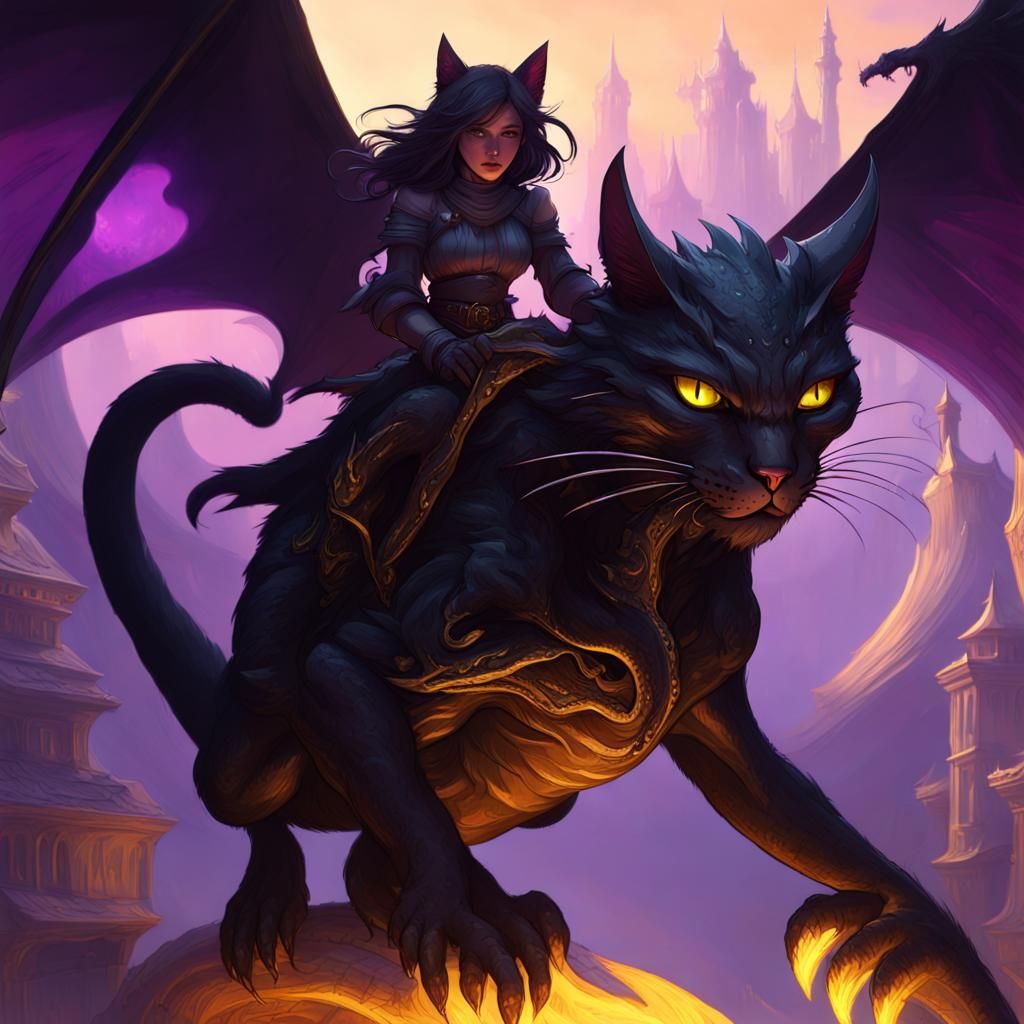 Black Cat Rides Dragon in Dark Fantasy Style