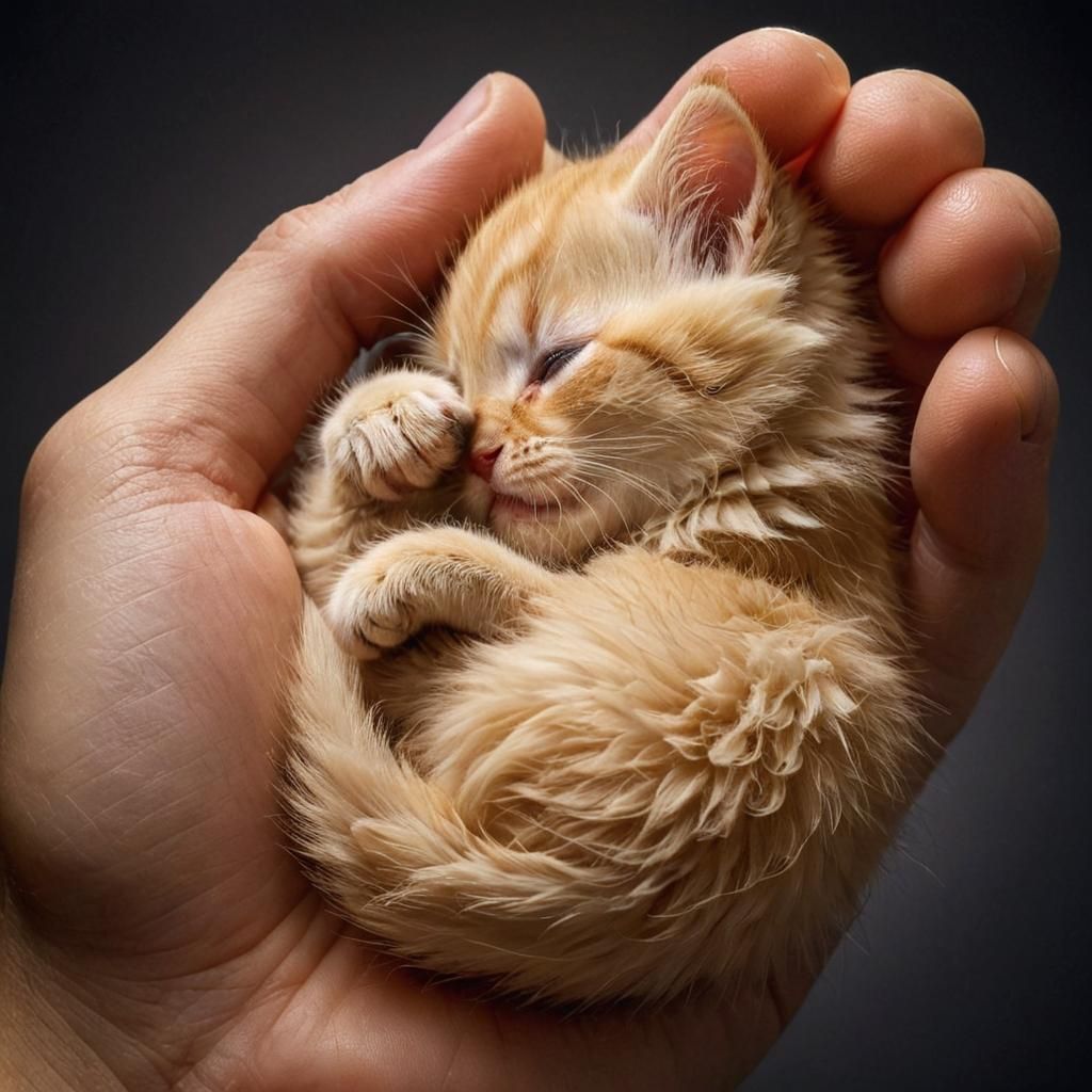 Tiny Kitten in Hand: Hyperrealistic Macro Portrait