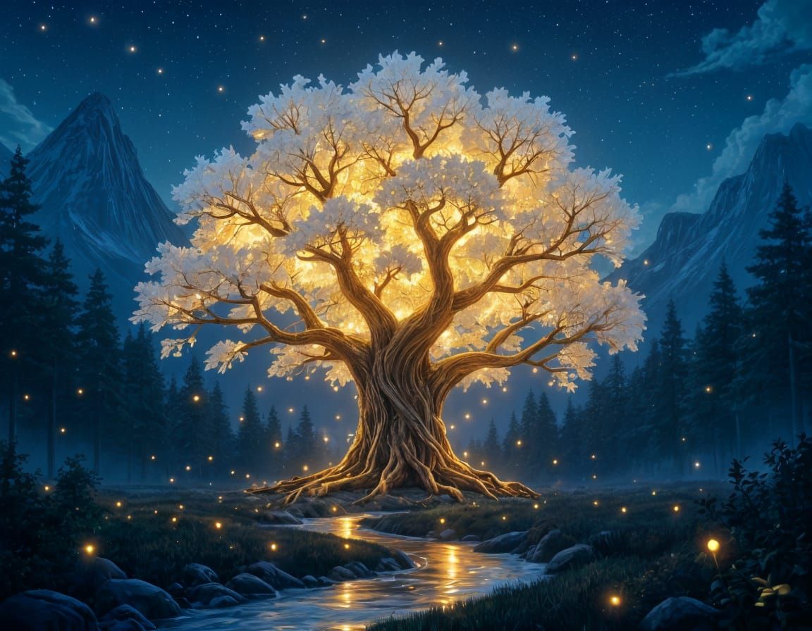 Golden Tree Pulsating in Twilight Forest, Digital Painting