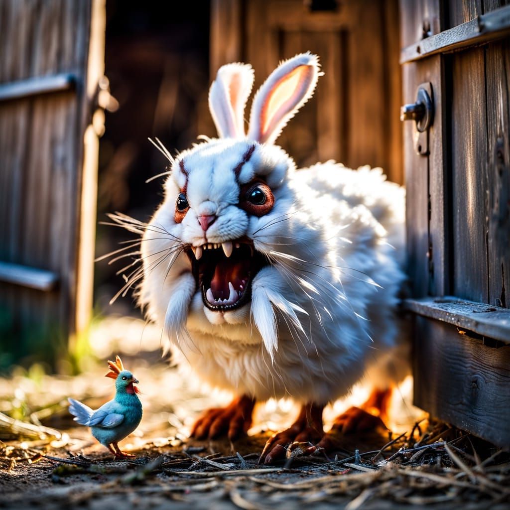 Surreal Horror Plush Bunny Lurks in Barn Door, Preying on He...