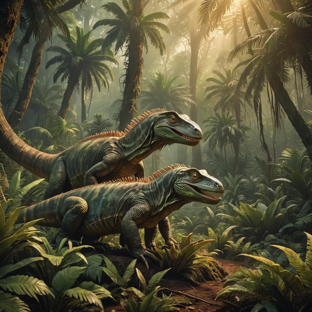 Prehistoric Iguanodons Feast in a Lush, Primal Forest