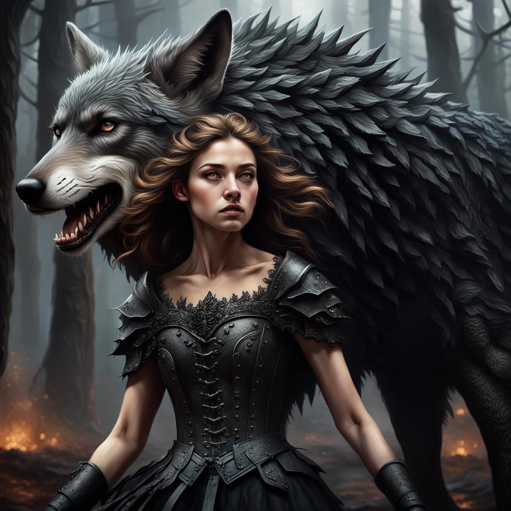 Woman and Wolf in Epic Battlefield Scene