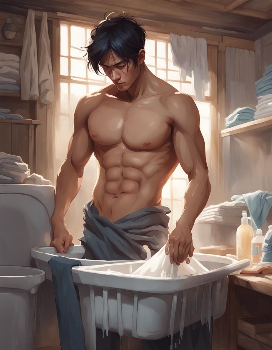 Young Man Washing Clothes: Hyperdetailed Concept Art