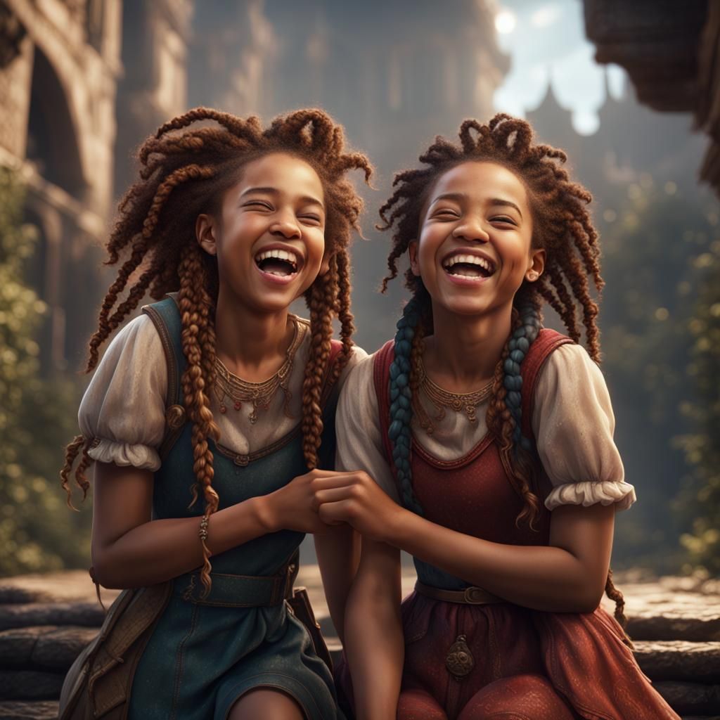 Two Laughing Girls in Detailed Fantasy Art