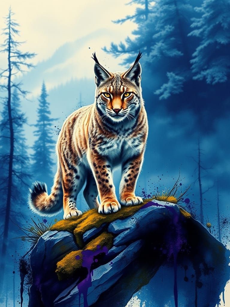 Vibrant Lynx in Misty Forest, Sumi-e Ink Art