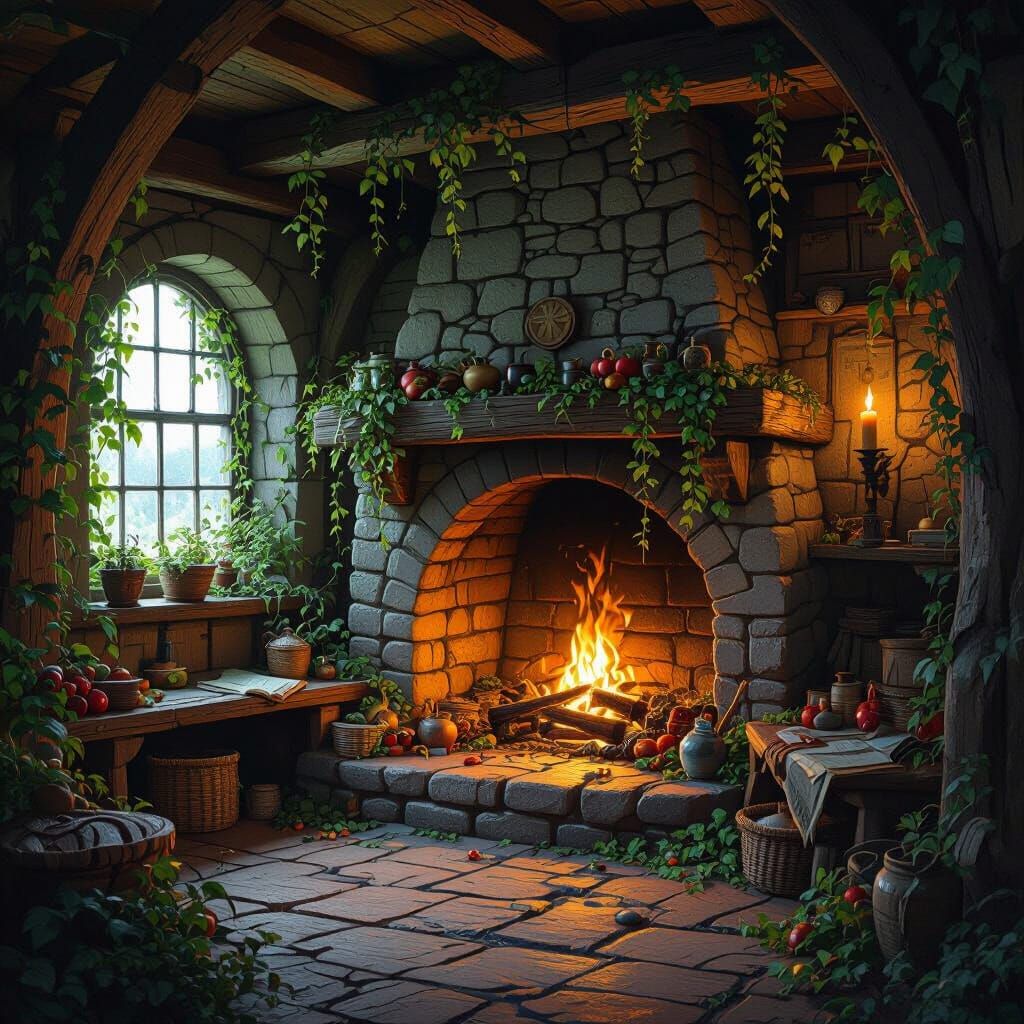 Torchlit Mage Hideout with Live Herbal Specimens