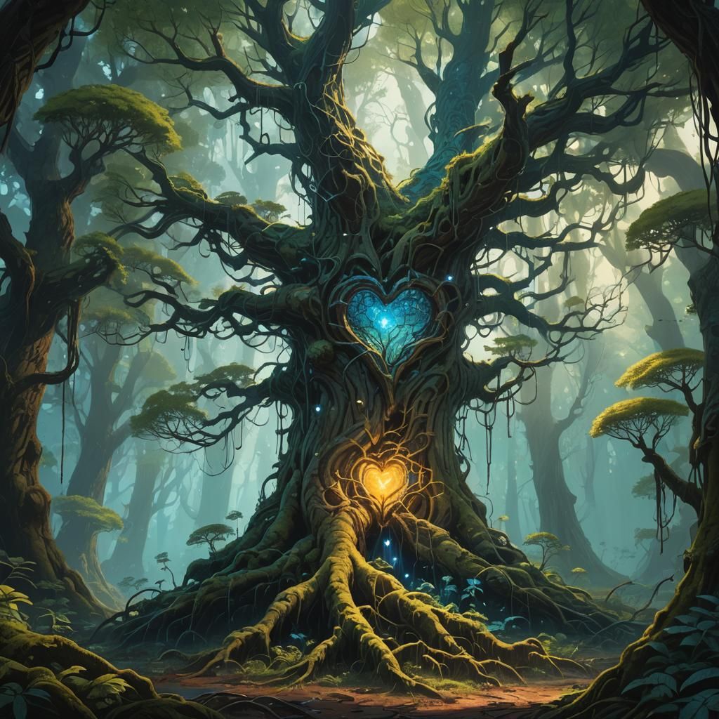 Crystalline Tree in Bioluminescent Forest, Detailed Matte Pa...