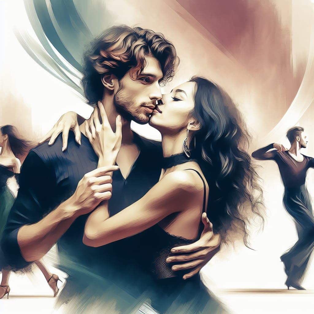 For a romantic  scene during rumba dance, imagine a man and woman in a close, tender embrace. The man has curly brown ha...
