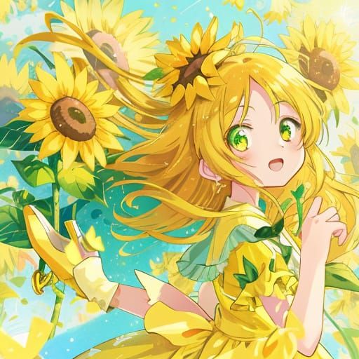Anime Girl Wears Whimsical Sunflower Dress in Vibrant Digita...