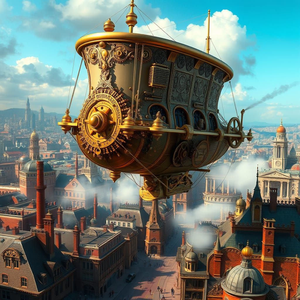 Steampunk Airship Over Victorian Cityscape