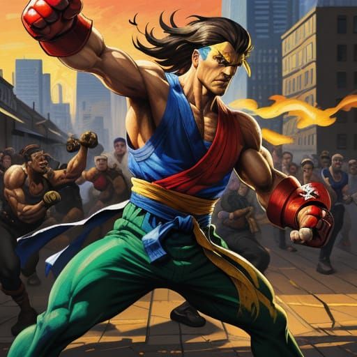 Street Fighter Gouache Painting in City at Golden Hour