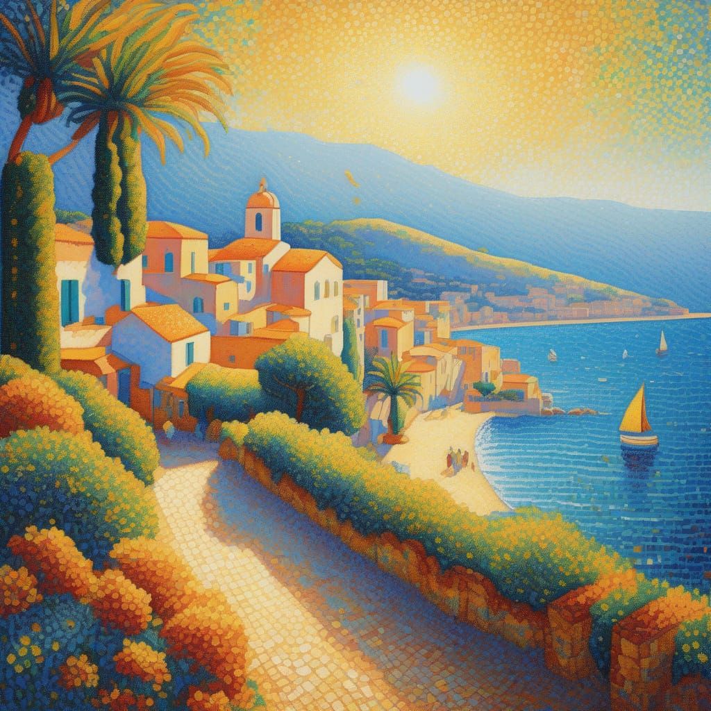 Mediterranean Coastline in Shimmering Pointillist Style
