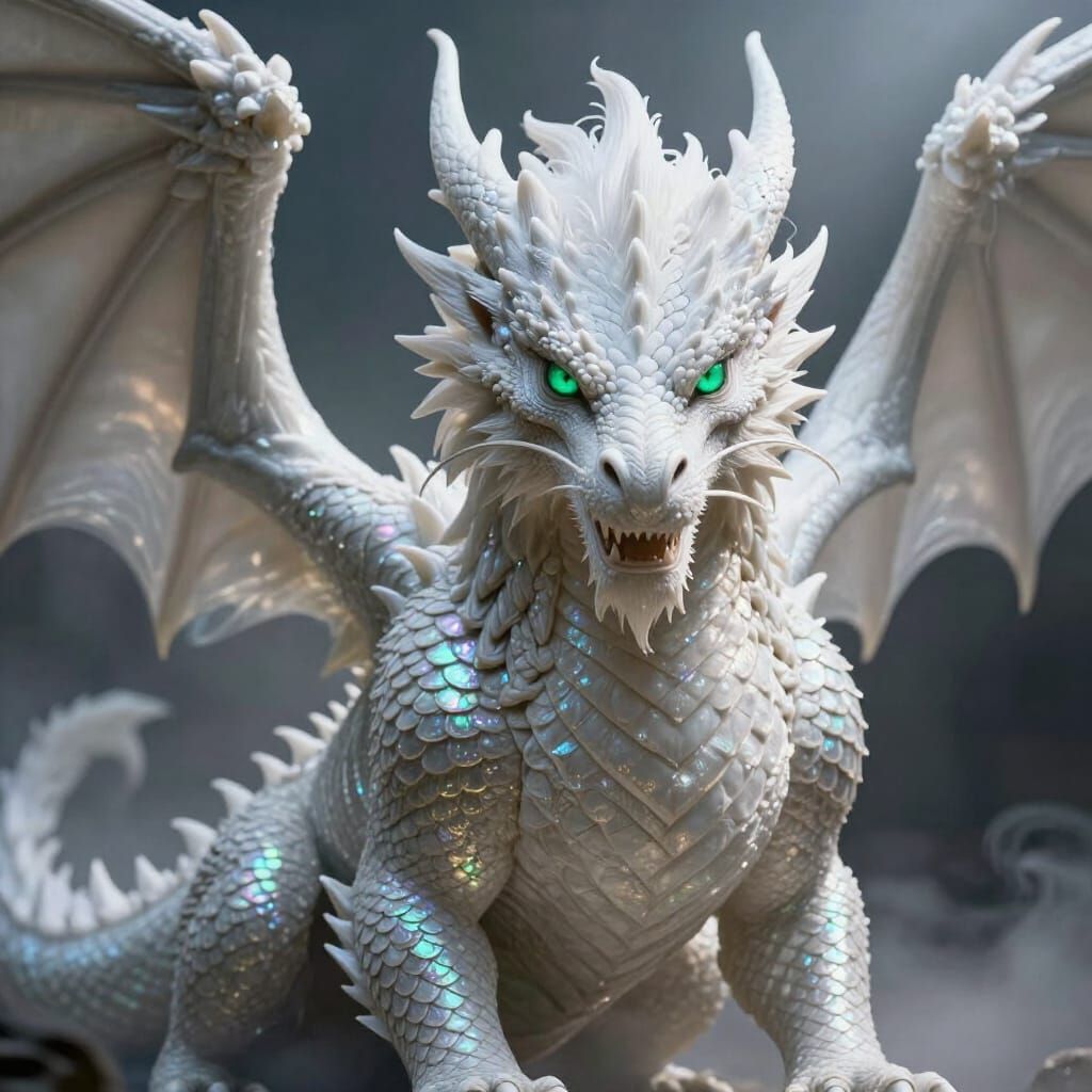 Majestic White Dragon With Emerald Eyes in Dramatic Light
