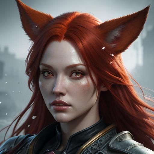 Hyperrealistic Red-Haired Girl with Dog Ears