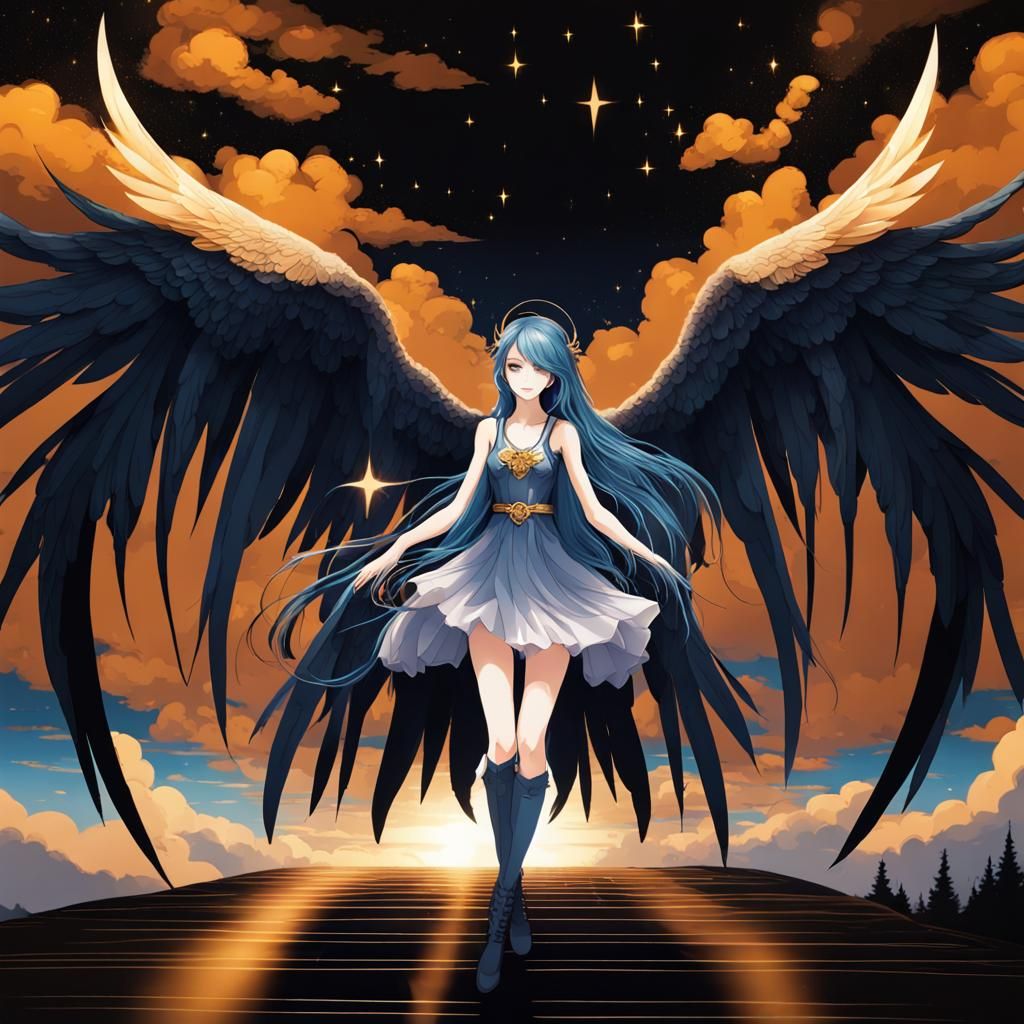 Winged Girl Amidst Stars in a Blue Aesthetic