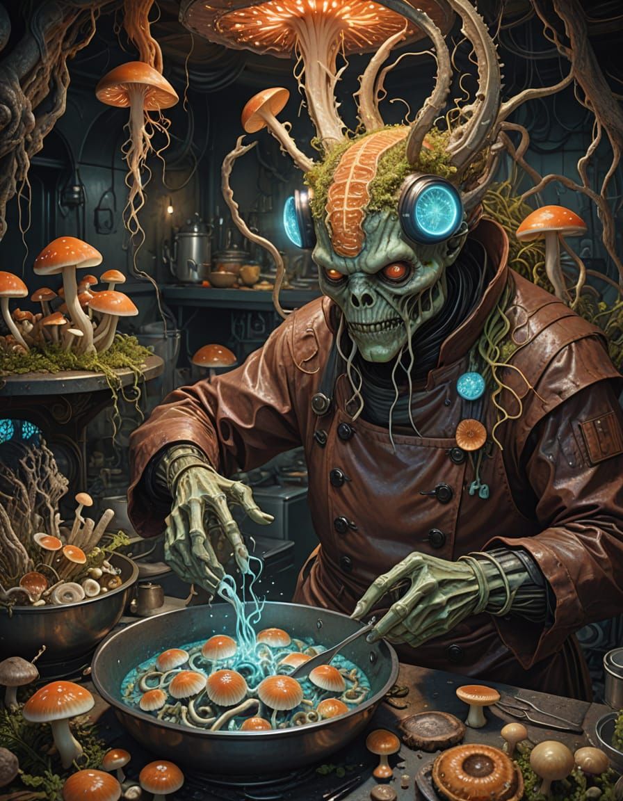 Bioluminescent Cryptid Chef Prepares Sentient Fungi Stew