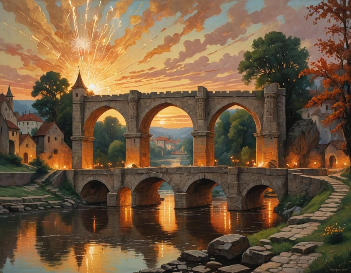 Stone Bridge Fireworks Display as Oil Painting