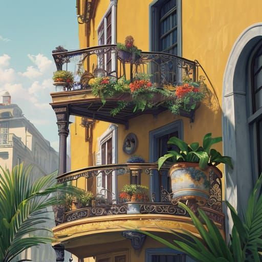 A Hyperrealistic Cityscape Balcony at Dusk