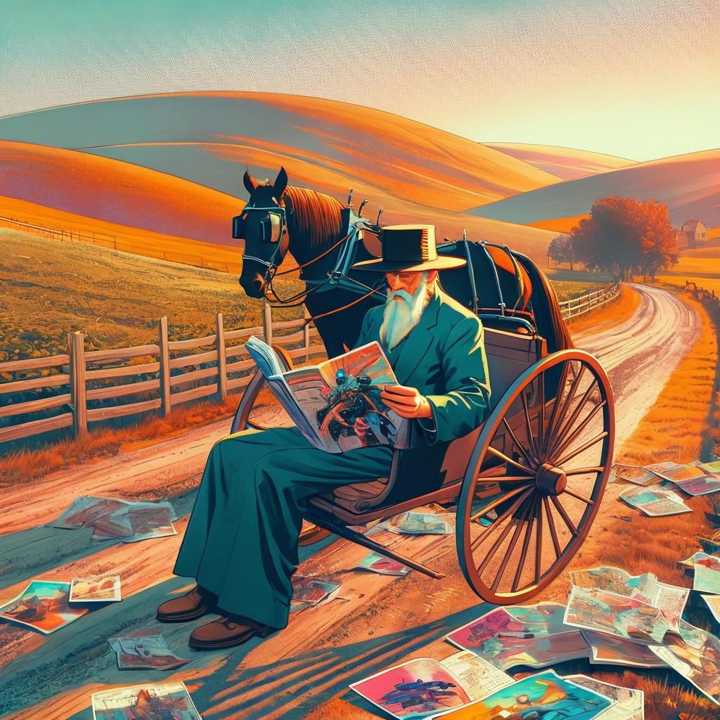 An Amish manin his his horse-drawn buggy reading a manga abo...