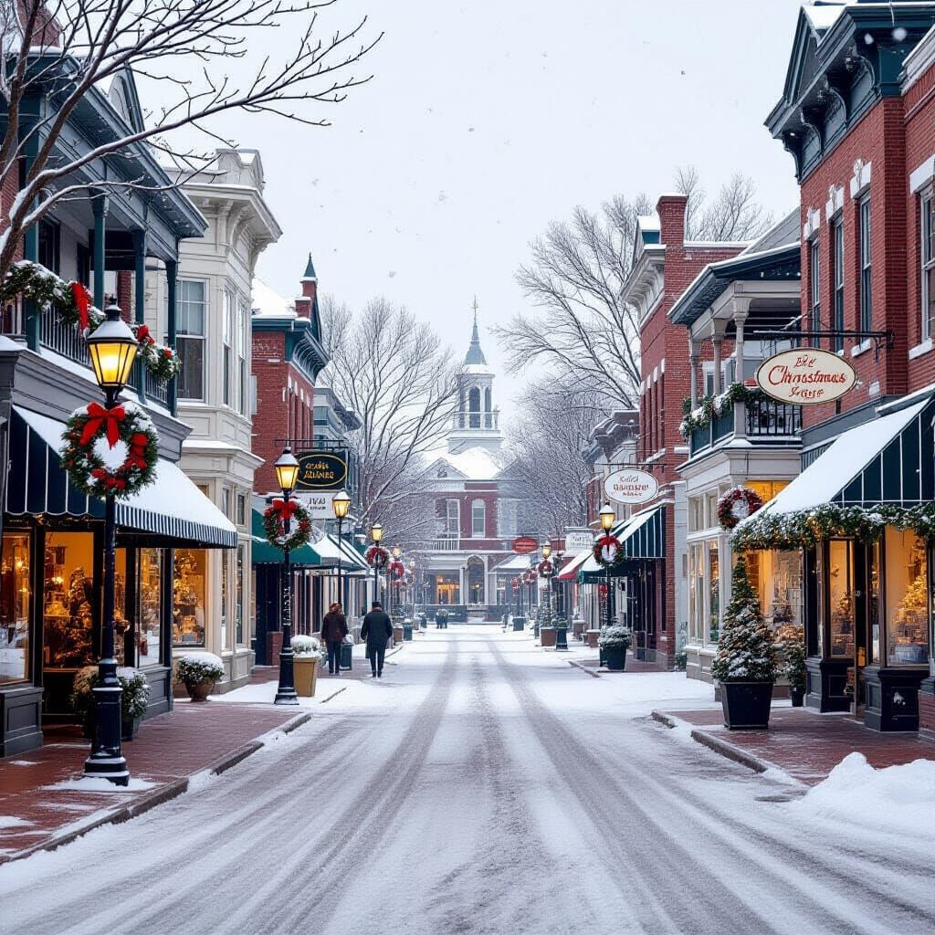 Vintage Snowy Christmas Main Street Scene