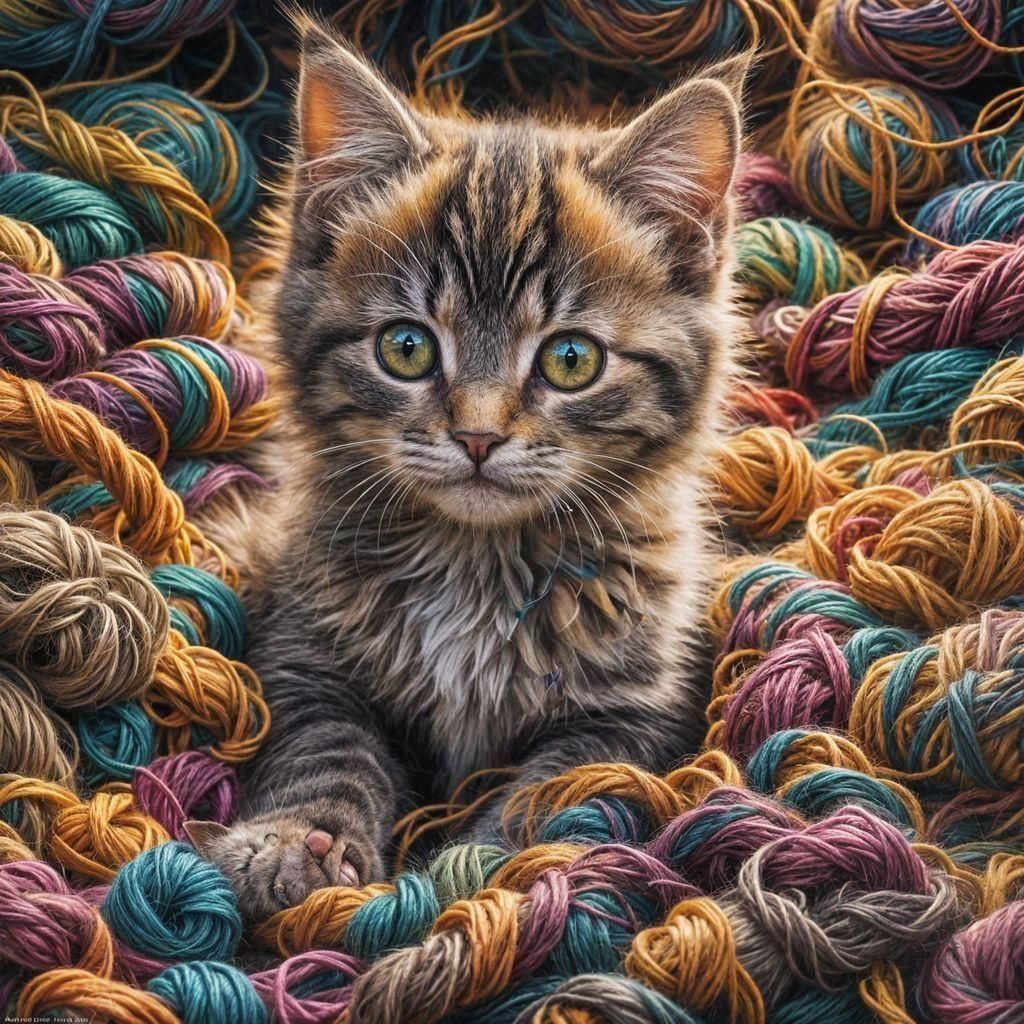 Kitten's Colorful Woolly Adventure: Digital Art
