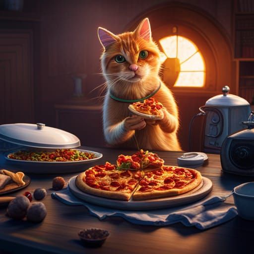 Cat Enjoying Pizza: Detailed Matte Painting