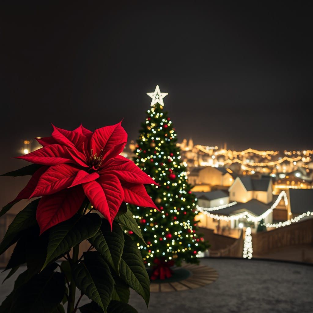 A Festive Christmas Scene with Poinsettia and Holiday Lights