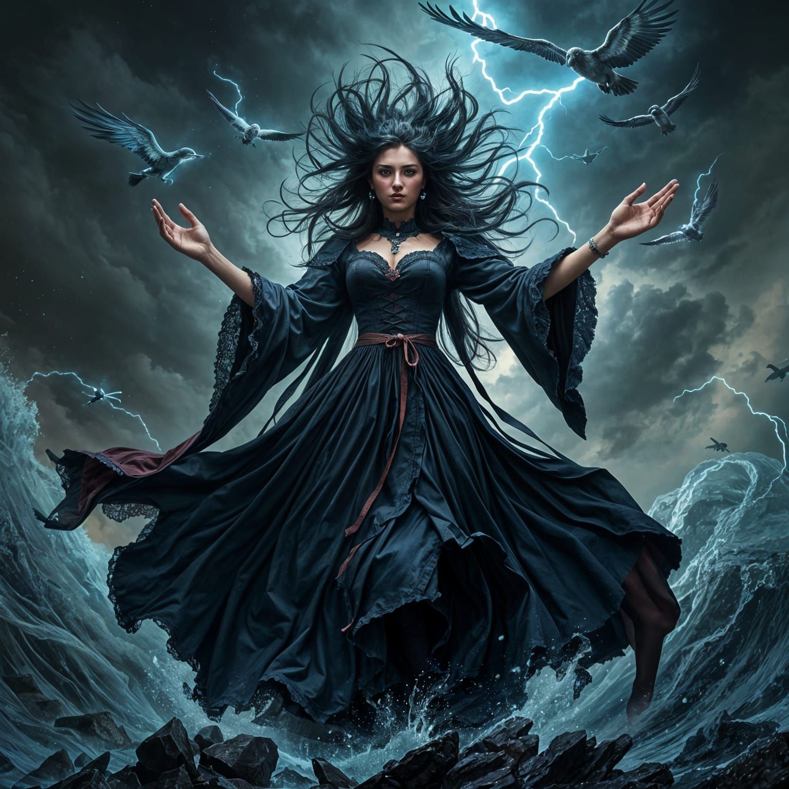 Mystic Sorceress Dominates Turbulent Stormy Skies in Dark, L...