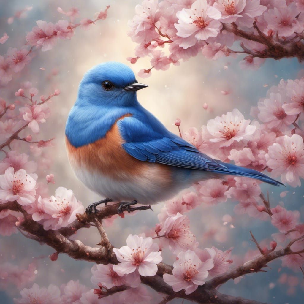 Bluebird in Cherry Blossoms: Sharp Photorealistic Portrait