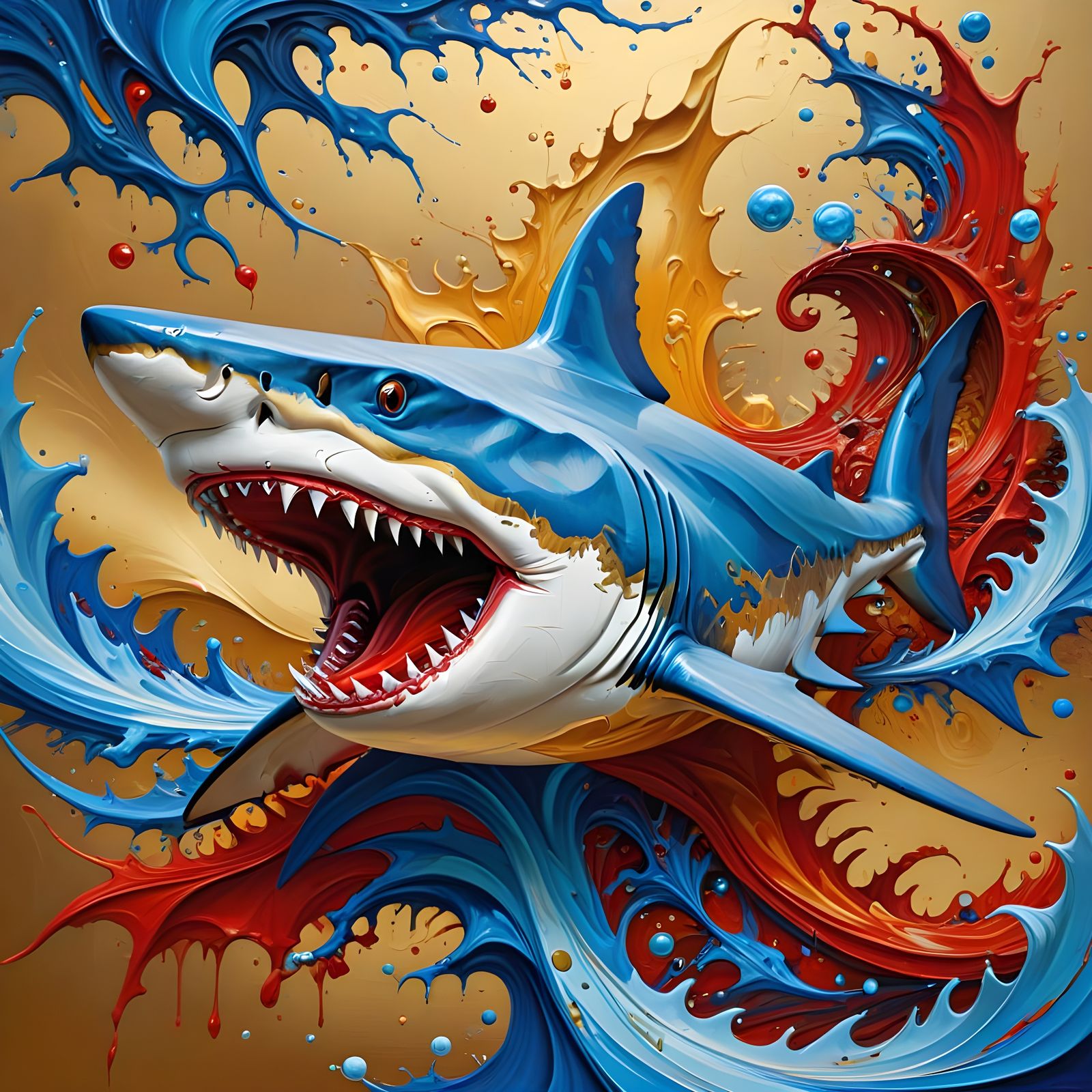 Vibrant Abstract Shark Oil Painting on Gold Background