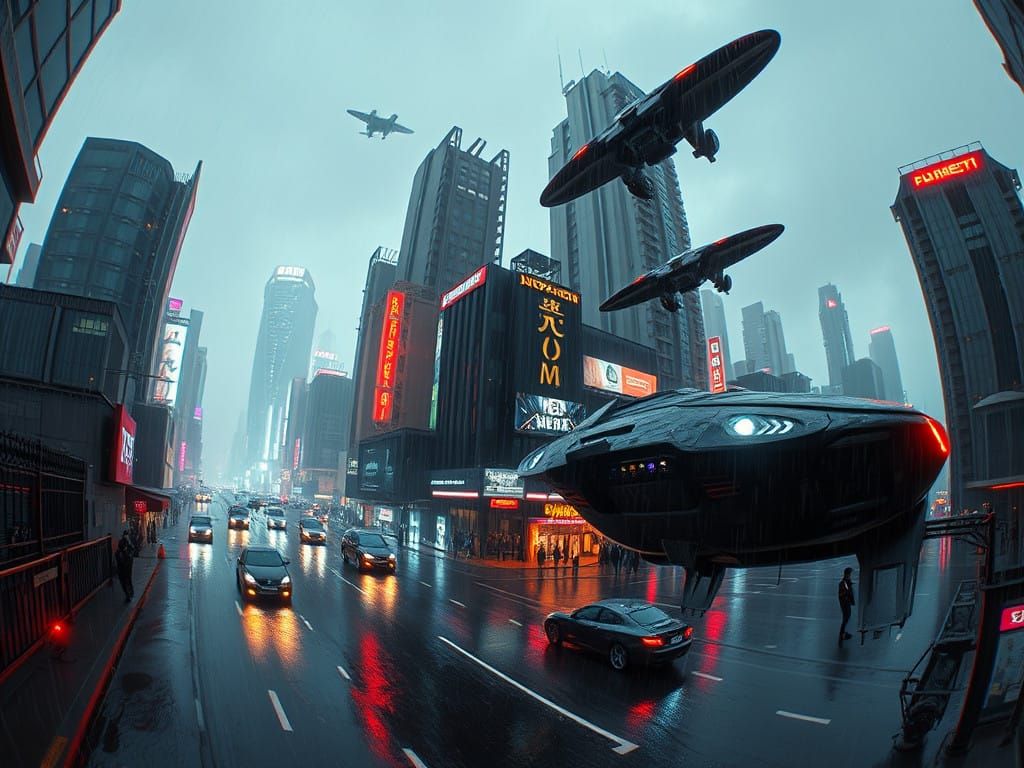 Cyberpunk Cityscape at Night, Futuristic Skyscrapers and Neo...