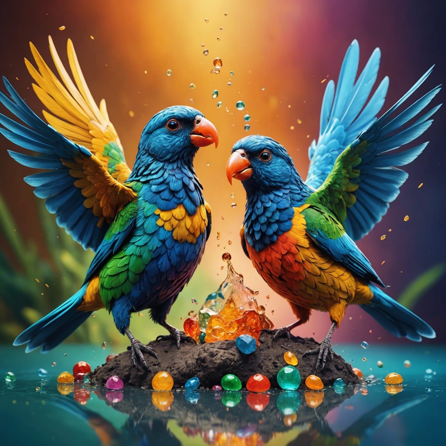 Hyperrealistic Birds Getting Stoned in Splash Art Style
