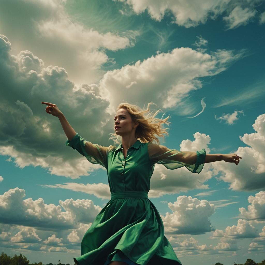 Woman Dancing in Colorful Clouds: Cinematic Film Still