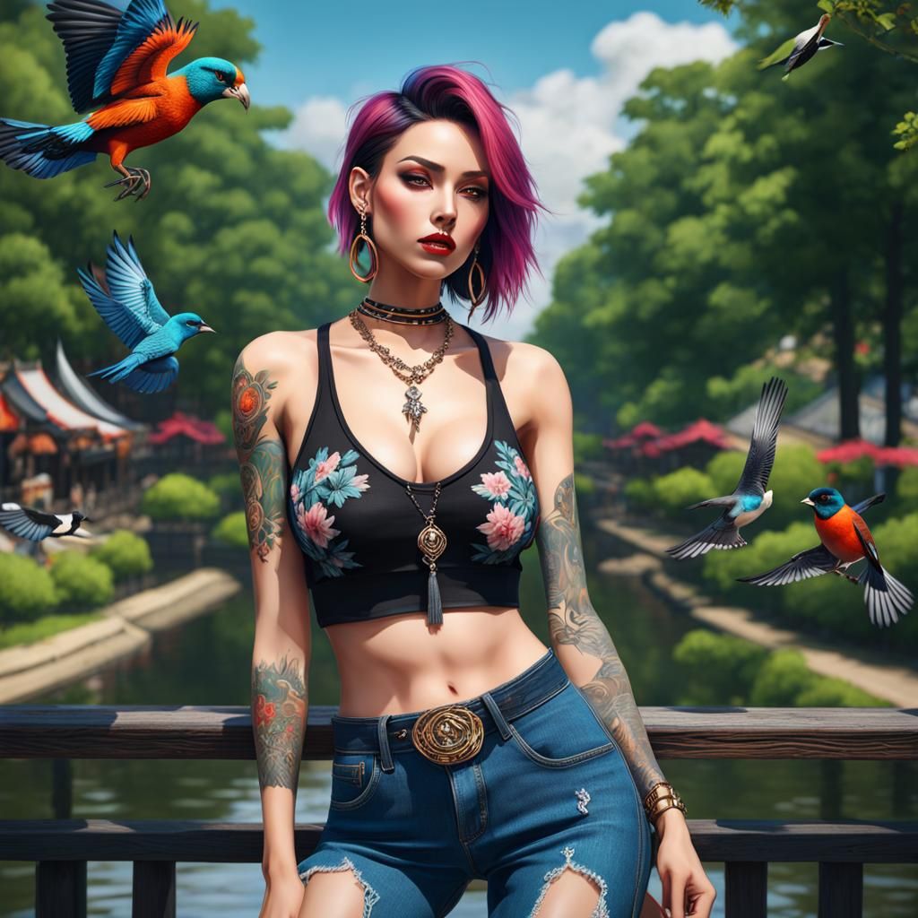 Summerpunk Lady in City Park: 8k Render