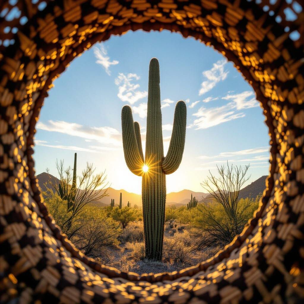 Desert View: Saguaro Cactus Through Woven Basket