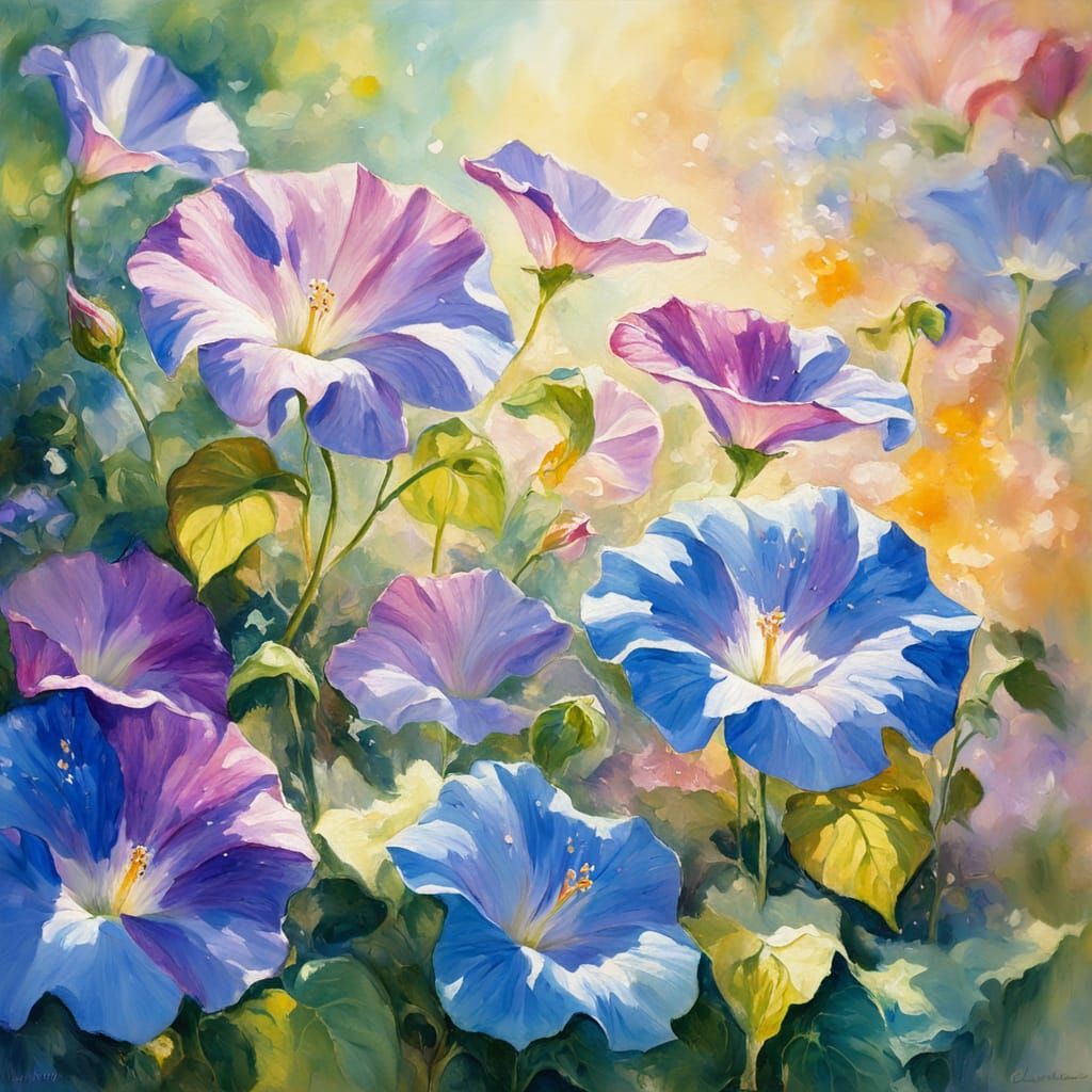 Impressionist Morning Glories in Sunny Garden